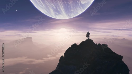 Astronaut Standing on an Alien Planet's Peak, Witnessing a Breathtaking Sunset and a Giant Celestial Body