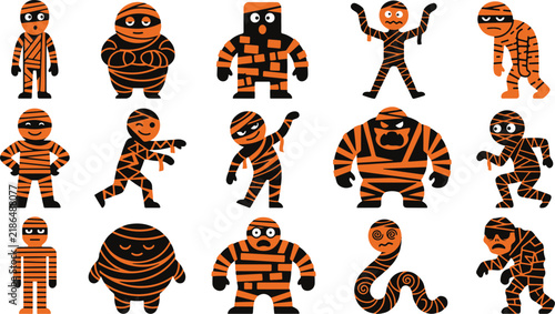 Fotografie Set of cute cartoon mummy characters in various poses for halloween design eleme