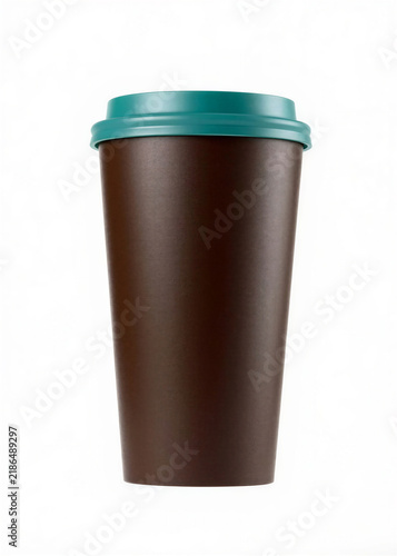 Chocolate brown disposable takeaway coffee cup with teal lid isolated on white background, blank surface mockup for coffee branding, packaging and product design, copy space