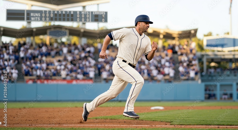 Obraz premium Professional baseball player in cream uniform running on the dirt base path. Athlete in action during a game with stadium crowd and scoreboard in the background