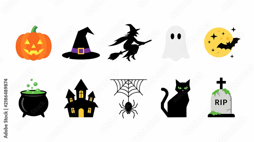 Fototapeta premium Halloween Flat Vector Illustration with Colorful Spooky Elements