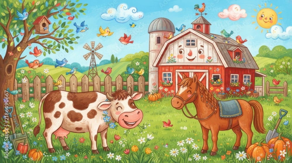 Fototapeta premium Cartoon cow and horse at a happy farm with barn