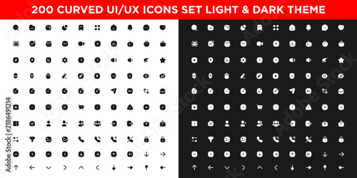 200 Curved UI UX Icons Set with Smooth Rounded Corners for Mobile App and Web, Minimalist Glyph Icon Bundle, Light and Dark Theme Vector