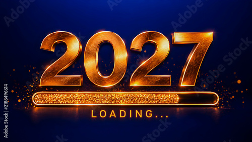 Golden 2027 numbers displayed with a glowing progress bar indicating the upcoming new year celebration on a dark deep blue background with sparkling dust particles for a festive holiday design