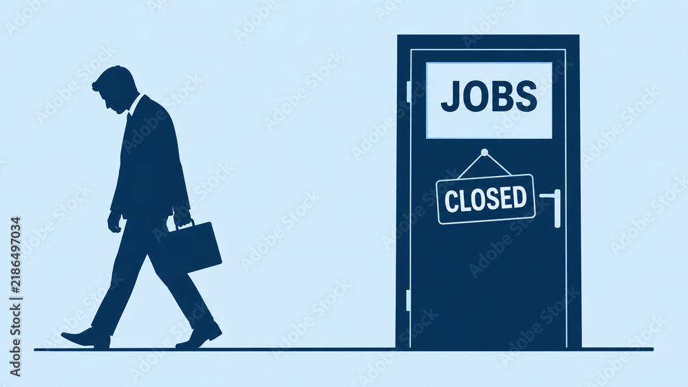 Obraz premium A dejected businessman holding a briefcase walks away from a door labeled 