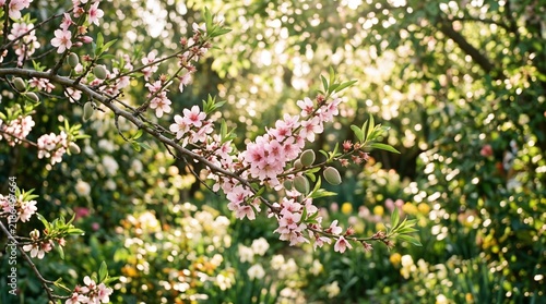 Delicate pink peach tree blossoms blooming beautifully on branches under soft sunlight during early spring season in a garden setting