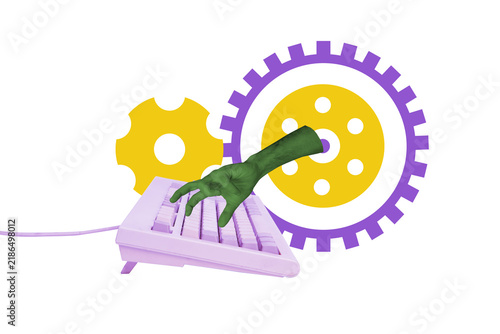 Canvastavla Exclusive art banner collage of it-master hand fingers type keypad buttons progr