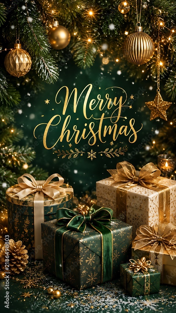 Obraz premium Merry Christmas Greeting with Green Tree Gold Gifts and Festive Lights