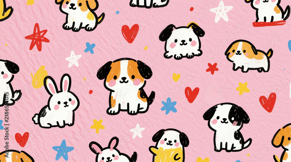 Obraz premium Cute hand drawn dog, rabbit characters on pink background. Playful doodle pattern with colorful stars, red hearts. Whimsical animal illustration for kids textile print, nursery wallpaper baby decor.