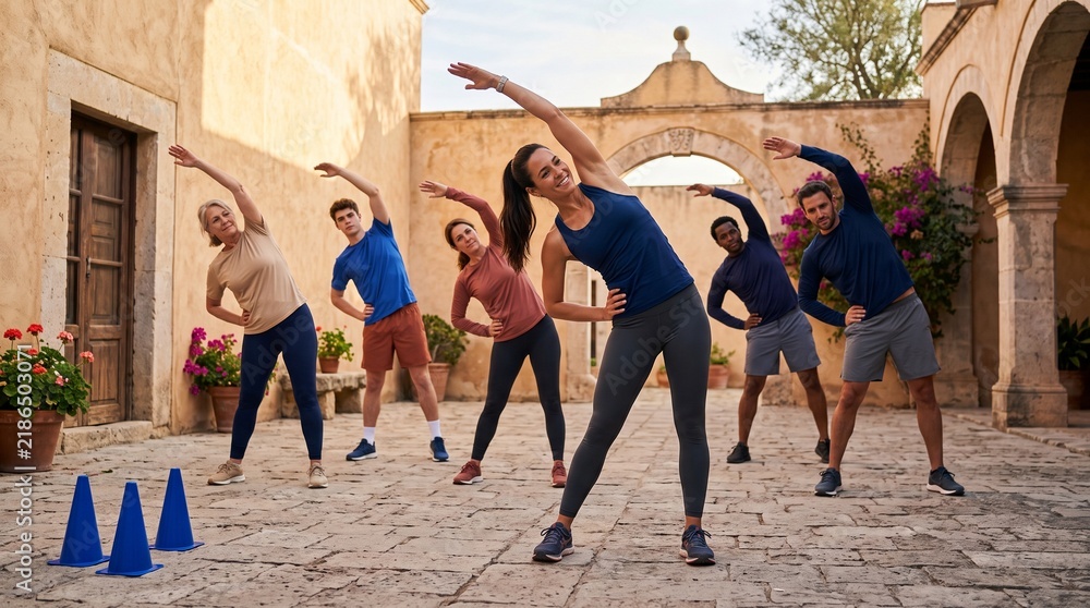 Naklejka premium Community coach leads outdoor mobility warmup in Egypt