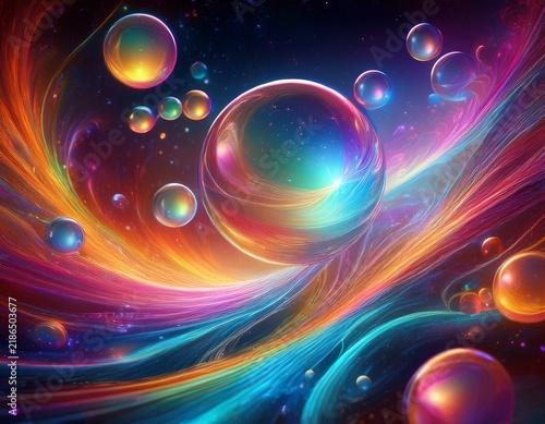 iridescent translucent spheres drift through a swirling vibrant nebula