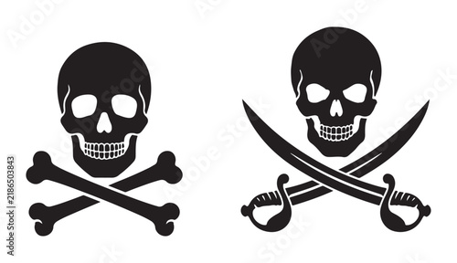 Pirate jolly roger flag black silhouette symbols of human skull with crossbones and saber swords.