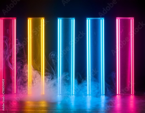 vertical neon tubes in pink blue and yellow glow with smoky haze