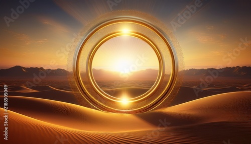 ethereal golden circle radiates energy in a vast sun drenched desert landscape