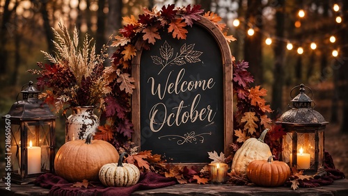 Welcome October Chalkboard with Pumpkins Lanterns and Autumn Flowers