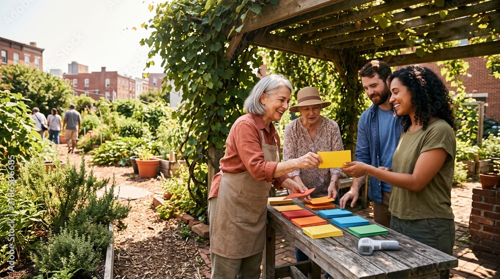 Obraz premium Neighbors sort heat observations in a community garden