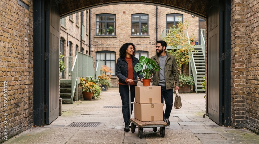 Obraz premium New tenants arrive at a converted warehouse courtyard