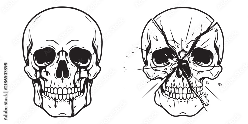 Fototapeta premium Human skull illustration set featuring blood drip effects and shattered glass cracks for horror art.