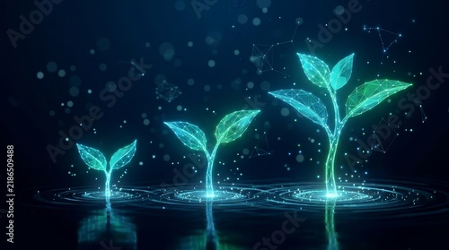 Three water-based plant sprouts in different growth stages representing business transformation.