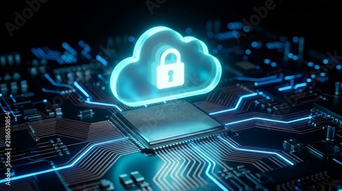 A glowing cloud icon with a padlock symbol hovers above an intricate digital circuit board for data sovereignty.