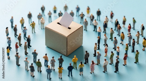 Miniature figures form crowd around cardboard ballot box. People cast votes, participate in election process, show civic duty. Democracy concept with citizens making decision.