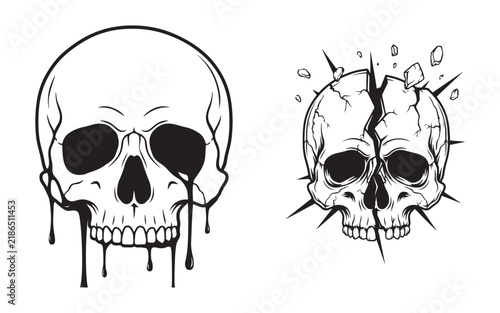 Melting and cracked human skull vector graphics for dark art posters and alternative fashion prints.