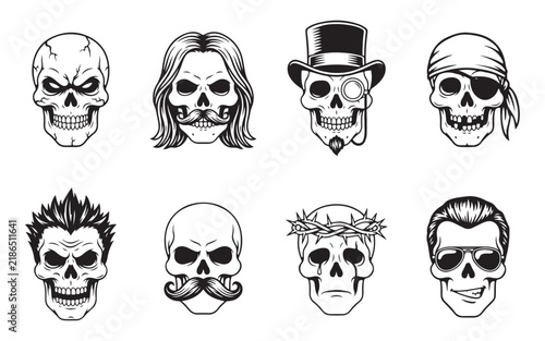 Set of expressive human skull characters with hair accessories and facial expressions for stickers.