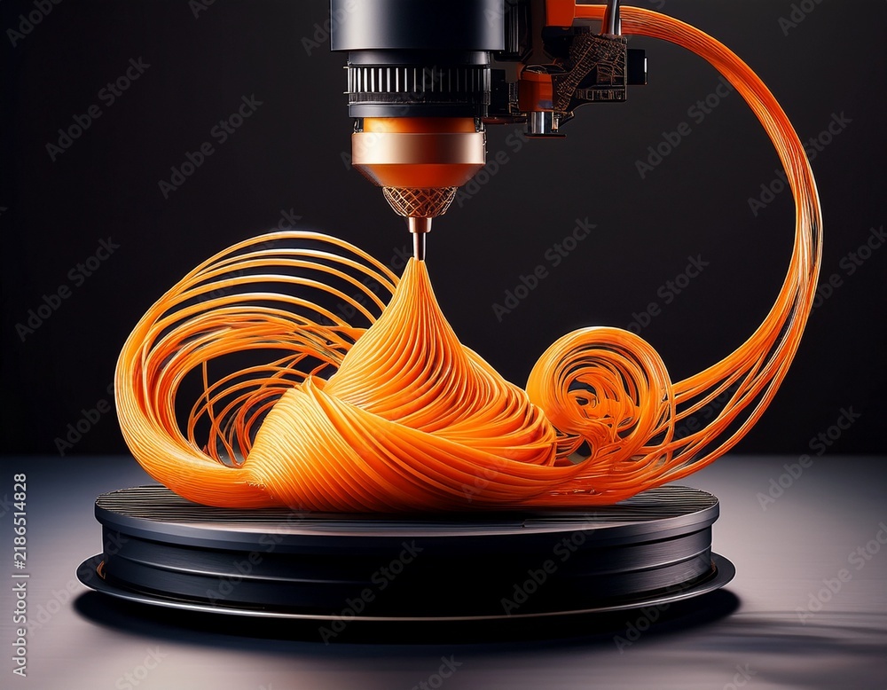 orange swirling 3d printed objects emerge from a nozzle onto a black platform