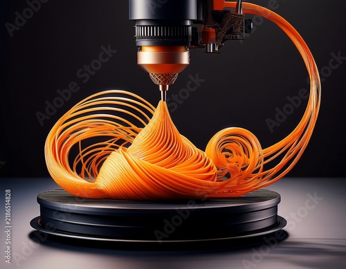 orange swirling 3d printed objects emerge from a nozzle onto a black platform