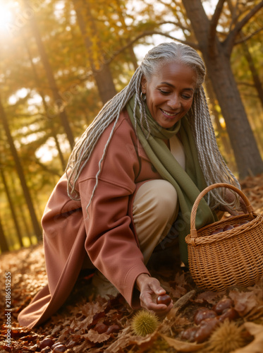 Senior black woman gathering chestnuts in an autumn forest. Older female with grey braids picking up nuts from fallen leaves into a wicker basket