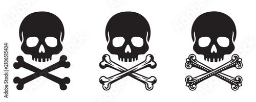 Skull and crossbones vector icons in various styles for pirate themes or danger warnings.