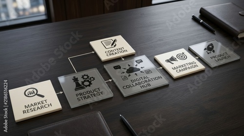 Digital collaboration hub process blocks for product strategy and marketing campaign launch roadmap