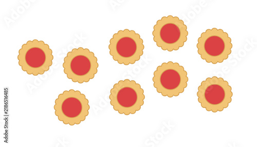 Top view illustration of a group of eight round golden biscuits with sweet red jam filling on white background.