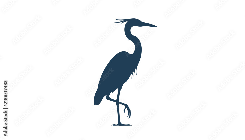 Fototapeta premium Graceful blue silhouette of a heron standing on one leg on a white background evokes peace and natural beauty.