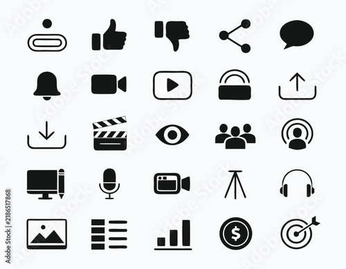 Professional video production equipment vector icon set for media creation