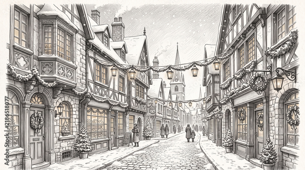 Obraz premium Detailed architectural graphite pencil drawing of a charming European town street decorated for Christmas, glowing lanterns, Christmas wreaths 