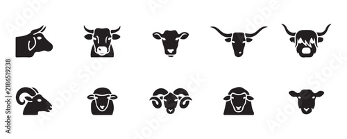 Black silhouette cow and sheep head icons set perfect for ranch farming logos and dairy brand tags.