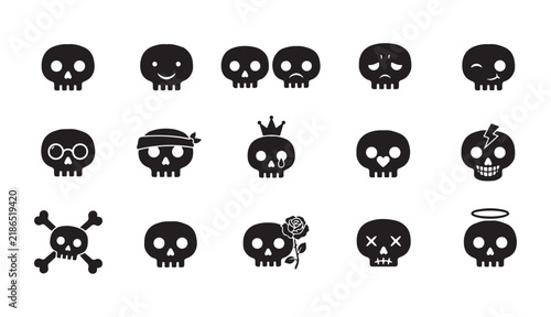 Black skull icon set with expressive faces and pirate themes for creative Halloween party designs.
