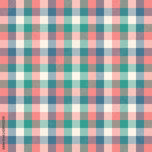Vibrant Coral Pink Plaid Fabric Texture with Sea Green Accents