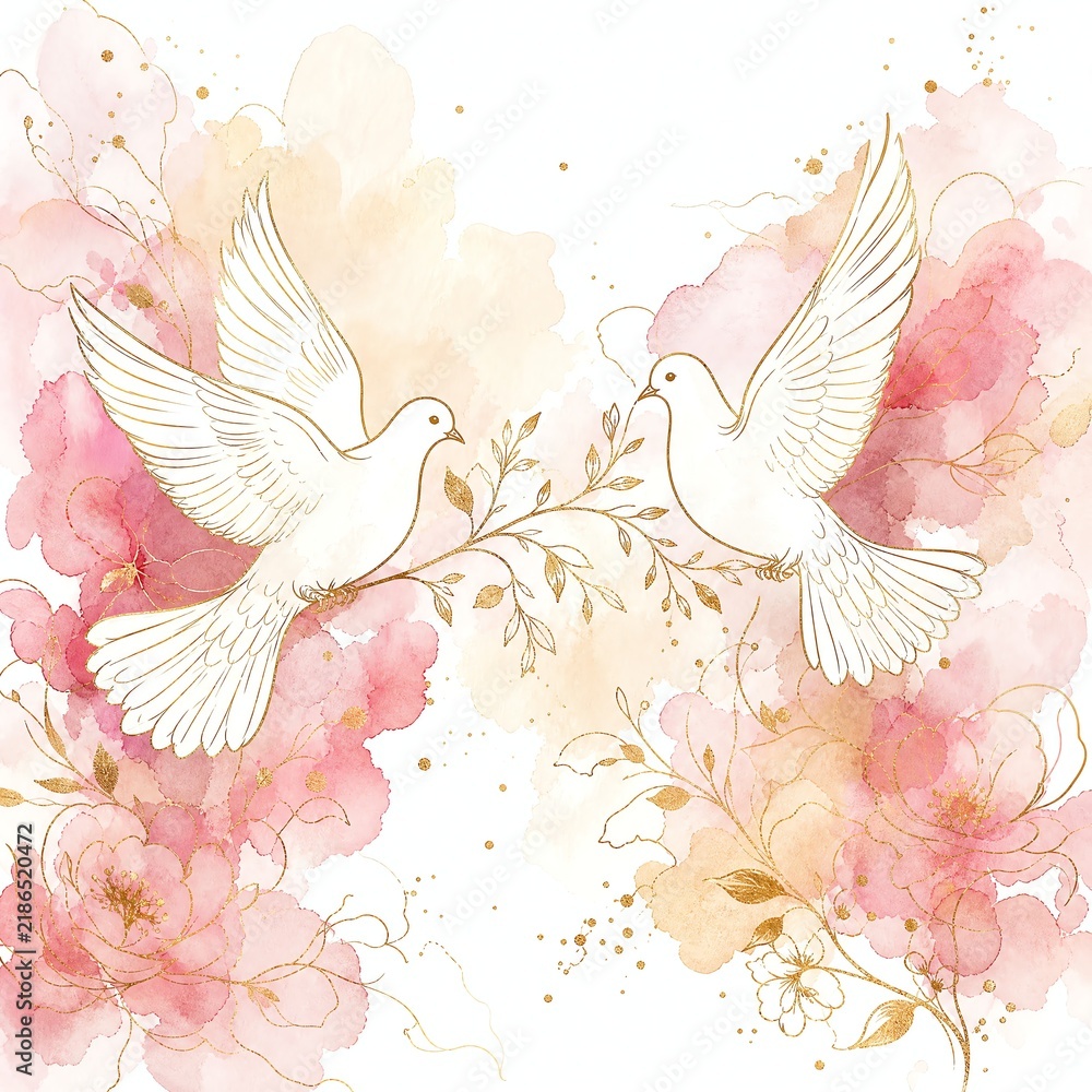 Fototapeta premium Two Doves Facing Gold Sprig Blush Watercolor Illustration
