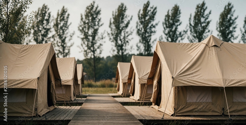 Obraz premium Line of canvas tents on wooden platform near trees. Outdoor accommodation for travel or leisure. Rustic shelter for nature lovers and campers.