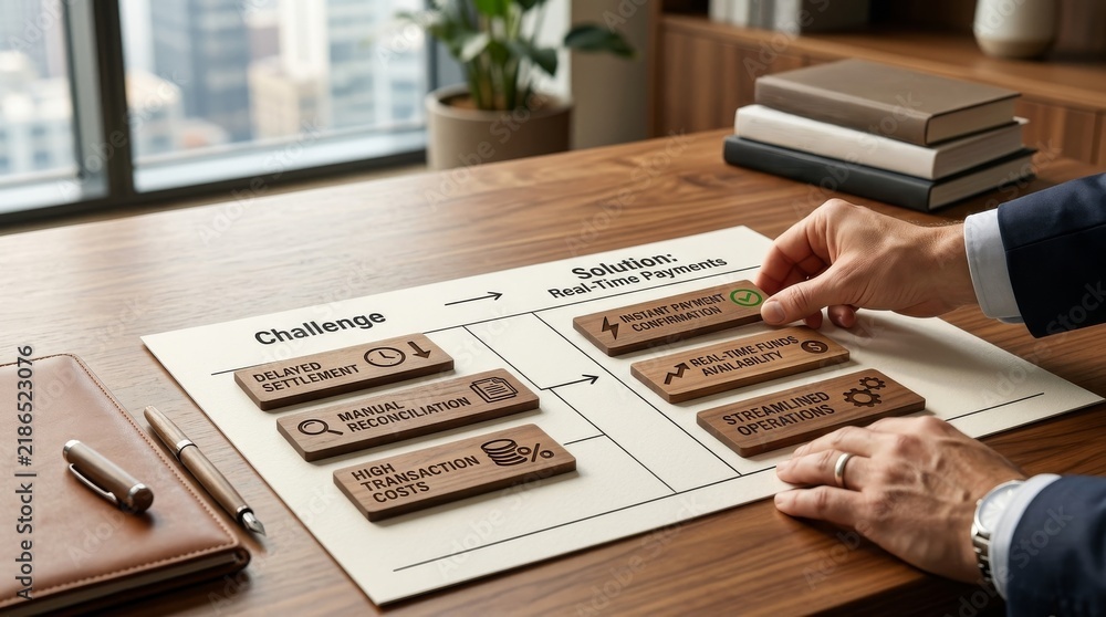 Obraz premium Real time payments solution infographic comparing challenges and benefits on wooden office table with executive