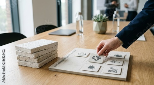 Businessman arranging eco-friendly blocks on a board with sustainable priorities symbols, emphasizing environmental responsibility