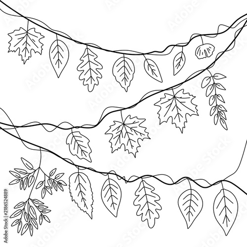 Hanging autumn leaves branch garland line art illustration