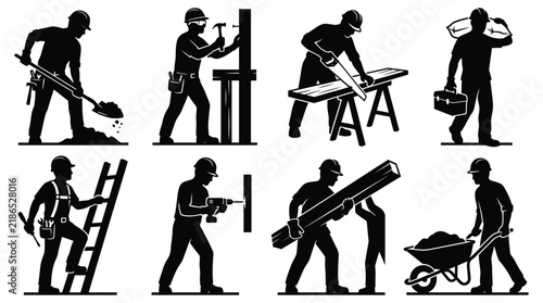 Construction worker silhouettes depict various building trades and manual labor