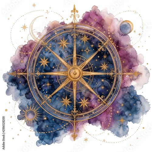 Golden Wheel Of Stars Turning On Axis Tarot Watercolor Art