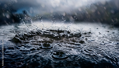 heavy rain splash on dark turbulent water during a storm crown splash macro detail flood water surface extreme weather impact climate change deluge moody monsoon atmosphere