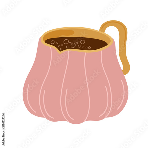 Cute pink ceramic mug filled with hot coffee or dark tea with foam bubbles. Hand-drawn vector illustration of cozy beverage cup