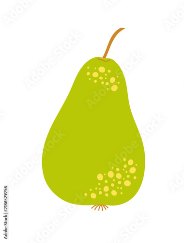 Green ripe pear with yellow textured dots and stem, stylized hand drawn simple illustration of fresh tasty organic fruit, minimalist design element for food themes, menu, educational posters