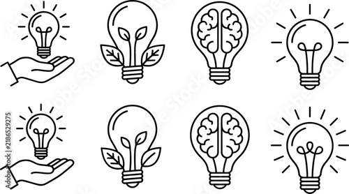 Creativity and Eco Energy Lightbulb Line Icon Set Featuring Hand Holding Bulb, Green Leaves Innovation, Brainstorming Mind, and Glowing Solution Outline Vector Designs